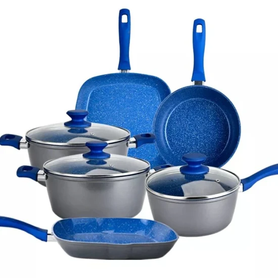 Ollas y sartenes de aluminio personalizadas de fábrica, juegos de utensilios de cocina de aluminio forjado con revestimiento de mármol azul, antiadherentes, 12 Uds.