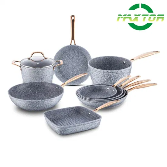 Wok de utensilios de cocina antiadherentes de aluminio con revestimiento de granito, ollas y sartenes con mango de acero inoxidable, utensilios de cocina forjados con fondo de inducción